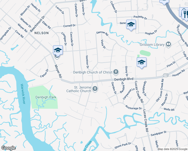 map of restaurants, bars, coffee shops, grocery stores, and more near 806 Garrow Road in Newport News