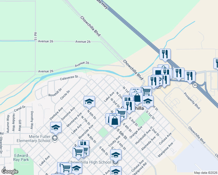 map of restaurants, bars, coffee shops, grocery stores, and more near 201 Monterey Avenue in Chowchilla
