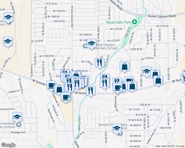 map of restaurants, bars, coffee shops, grocery stores, and more near 992 North 1725 West in St. George