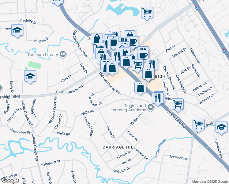 map of restaurants, bars, coffee shops, grocery stores, and more near 4311 Merlyn Walk Place in Newport News