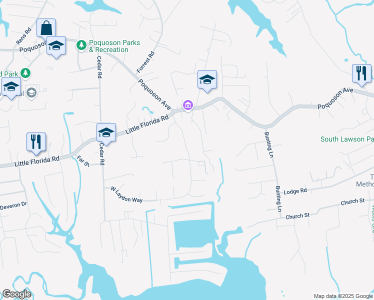 map of restaurants, bars, coffee shops, grocery stores, and more near 23 Laydon Way in Poquoson