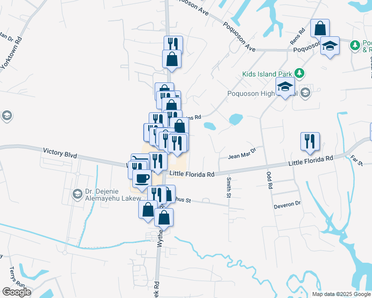 map of restaurants, bars, coffee shops, grocery stores, and more near 11 Hopkins Court in Poquoson