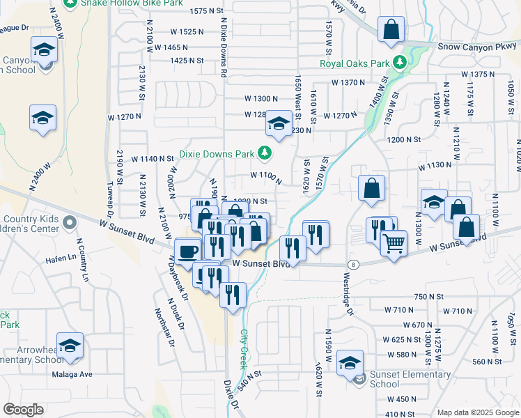 map of restaurants, bars, coffee shops, grocery stores, and more near 1773 West 1020 North in St. George