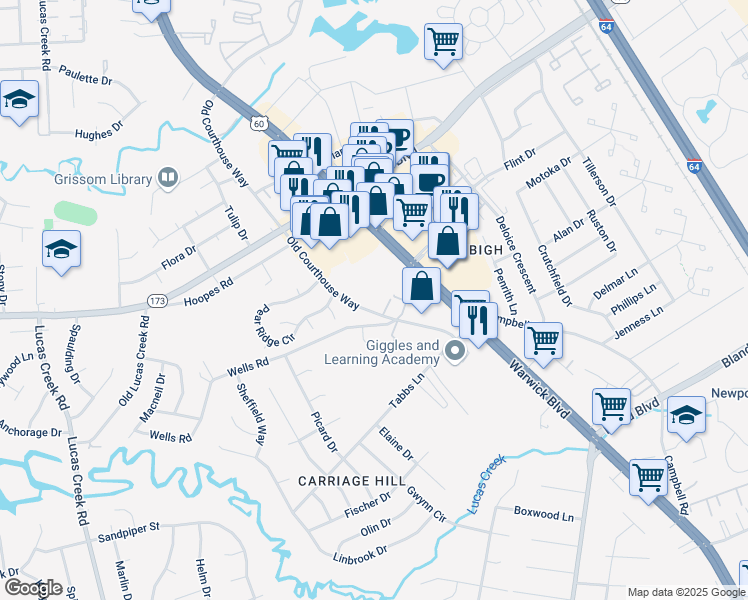 map of restaurants, bars, coffee shops, grocery stores, and more near 14264 Old Courthouse Way in Newport News