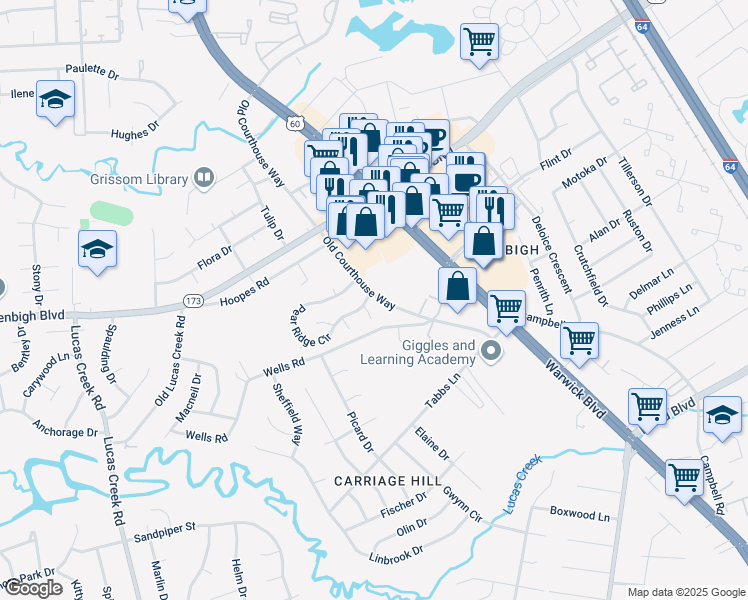 map of restaurants, bars, coffee shops, grocery stores, and more near 4311 Merlyn Walk Place in Newport News