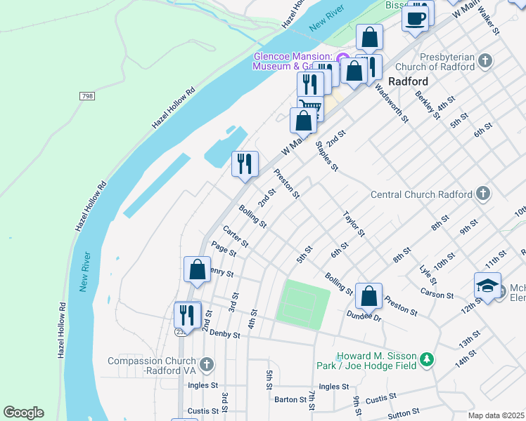 map of restaurants, bars, coffee shops, grocery stores, and more near 1206 2nd Street in Radford