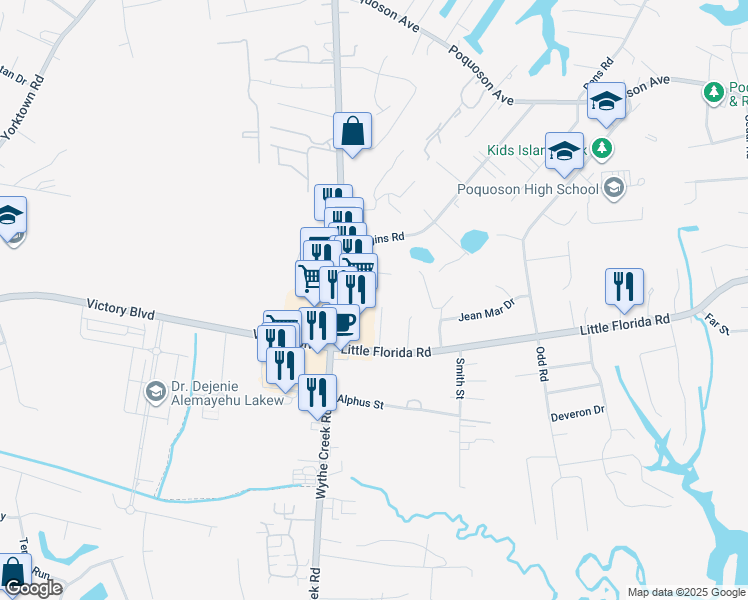 map of restaurants, bars, coffee shops, grocery stores, and more near 11 Hopkins Court in Poquoson