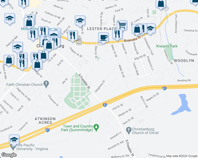 map of restaurants, bars, coffee shops, grocery stores, and more near 102 Alleghany Street in Christiansburg
