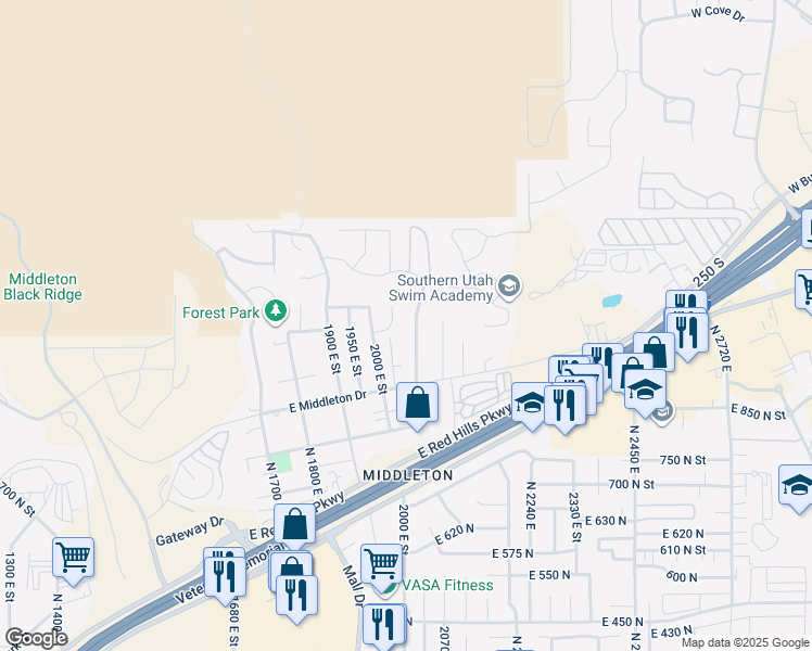 map of restaurants, bars, coffee shops, grocery stores, and more near 1009 North 2050 East in St. George
