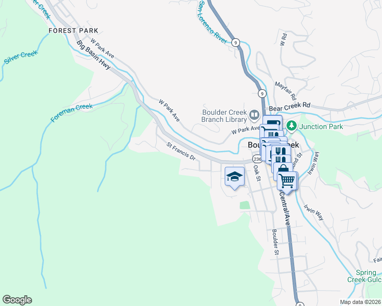 map of restaurants, bars, coffee shops, grocery stores, and more near 345 Saint Francis Drive in Boulder Creek