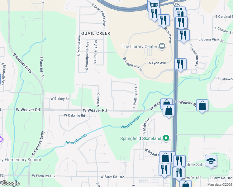 map of restaurants, bars, coffee shops, grocery stores, and more near 4936 South Buckingham Lane in Springfield