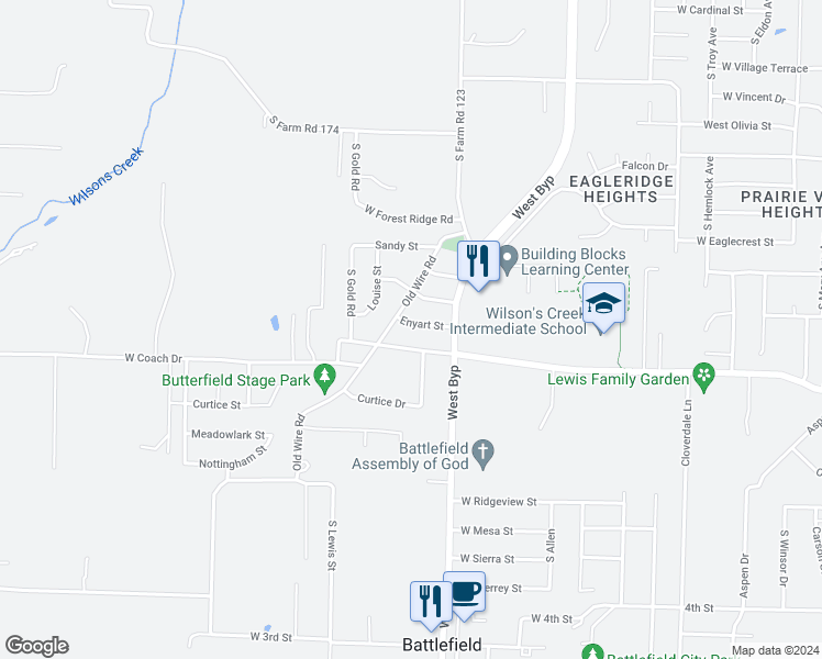 map of restaurants, bars, coffee shops, grocery stores, and more near 4350 Enyart Street in Battlefield