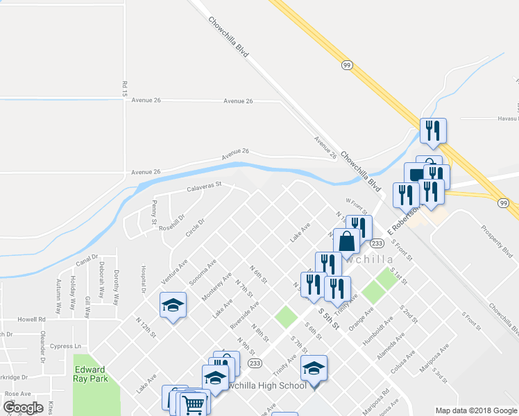 map of restaurants, bars, coffee shops, grocery stores, and more near 316 Sonoma Avenue in Chowchilla