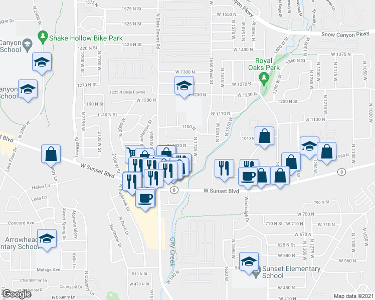 map of restaurants, bars, coffee shops, grocery stores, and more near 1757 West 1020 North in Saint George