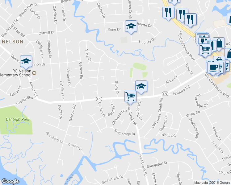 map of restaurants, bars, coffee shops, grocery stores, and more near 142 Converse Court in Newport News