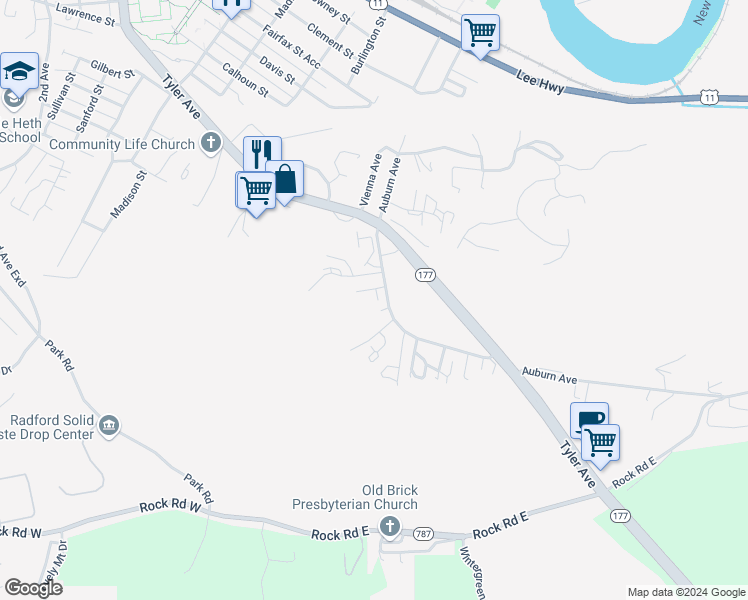 map of restaurants, bars, coffee shops, grocery stores, and more near 109 Sutherland Drive in Radford