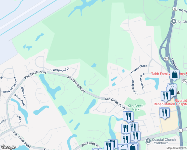map of restaurants, bars, coffee shops, grocery stores, and more near 161 Spoon Court in Yorktown