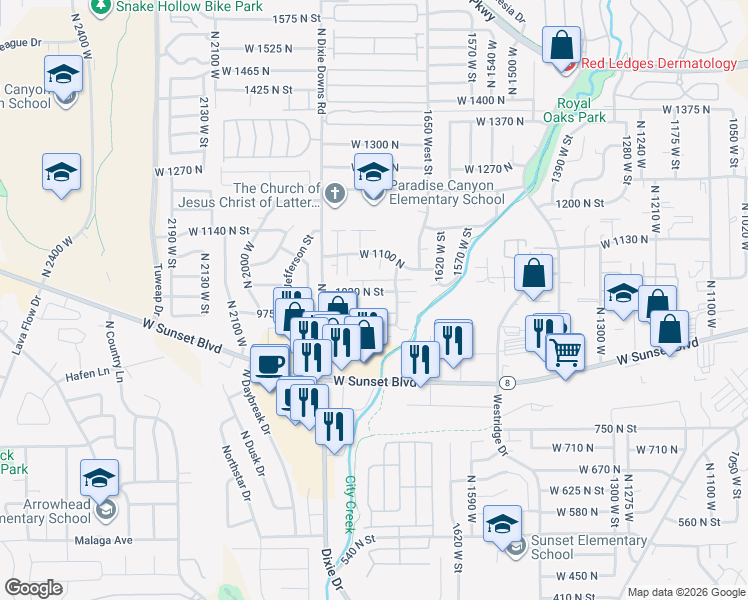 map of restaurants, bars, coffee shops, grocery stores, and more near 1769 West 1020 North in St. George