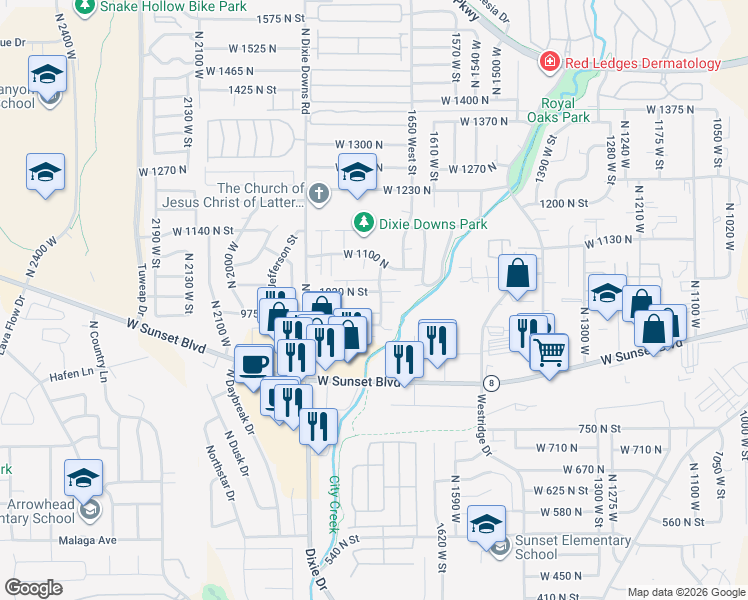 map of restaurants, bars, coffee shops, grocery stores, and more near 1003 North 1725 West in St. George