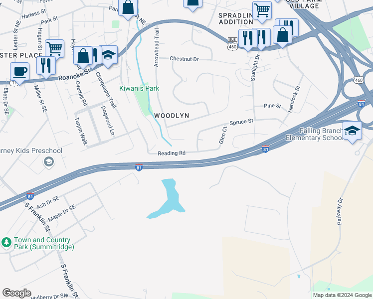 map of restaurants, bars, coffee shops, grocery stores, and more near 900 Reading Road in Christiansburg