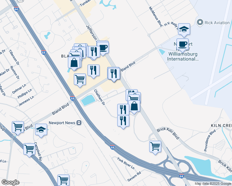 map of restaurants, bars, coffee shops, grocery stores, and more near 300 Chatham Drive in Newport News