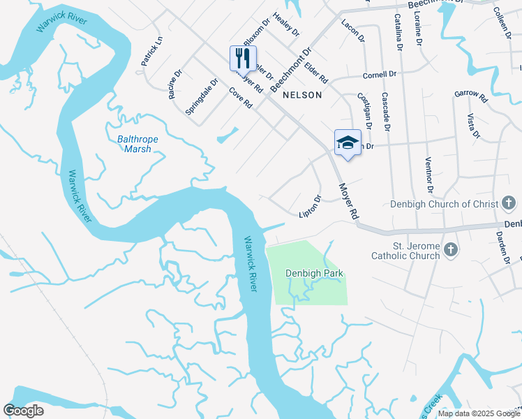 map of restaurants, bars, coffee shops, grocery stores, and more near 708 Lipton Drive in Newport News
