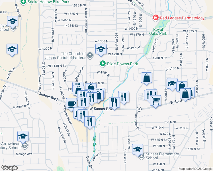 map of restaurants, bars, coffee shops, grocery stores, and more near 1003 North 1725 West in St. George