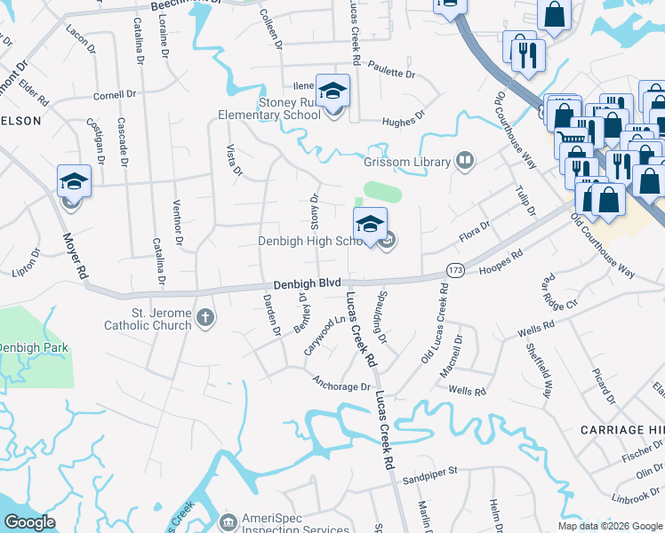 map of restaurants, bars, coffee shops, grocery stores, and more near 231 Denbigh Boulevard in Newport News