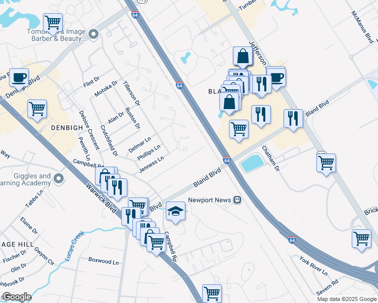 map of restaurants, bars, coffee shops, grocery stores, and more near 154 Jenness Lane in Newport News