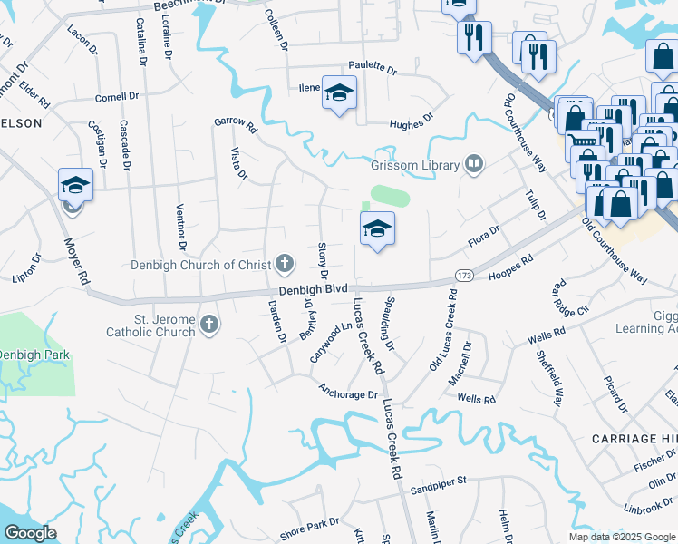 map of restaurants, bars, coffee shops, grocery stores, and more near 148 Converse Court in Newport News
