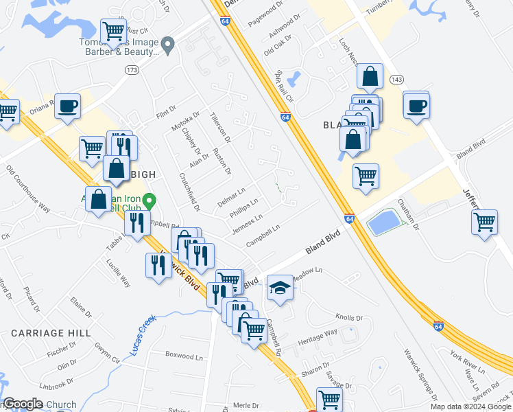 map of restaurants, bars, coffee shops, grocery stores, and more near 122 Phillips Lane in Newport News