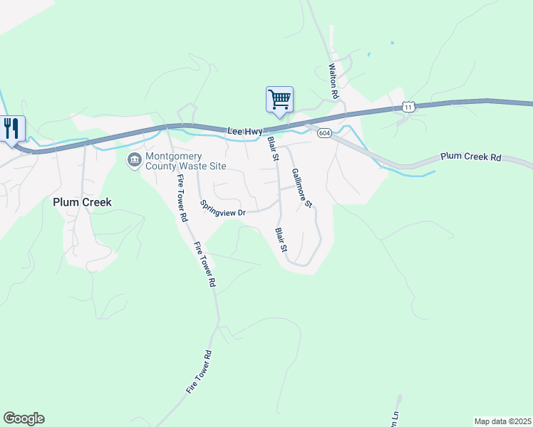 map of restaurants, bars, coffee shops, grocery stores, and more near 3225 Springview Drive in Christiansburg