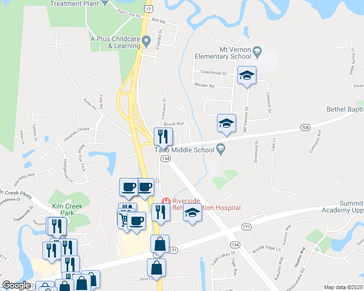 map of restaurants, bars, coffee shops, grocery stores, and more near 116A Yorktown Road in Yorktown