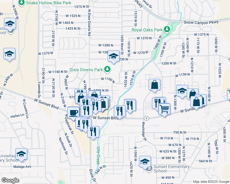 map of restaurants, bars, coffee shops, grocery stores, and more near 1711 West 1020 North in St. George