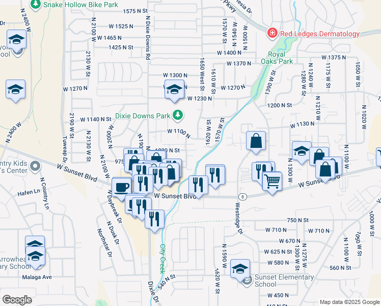 map of restaurants, bars, coffee shops, grocery stores, and more near 1711 West 1020 North in St. George