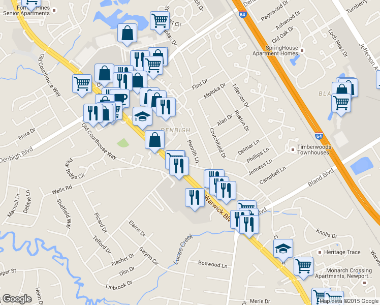 map of restaurants, bars, coffee shops, grocery stores, and more near 14211 Penrith Lane in Newport News