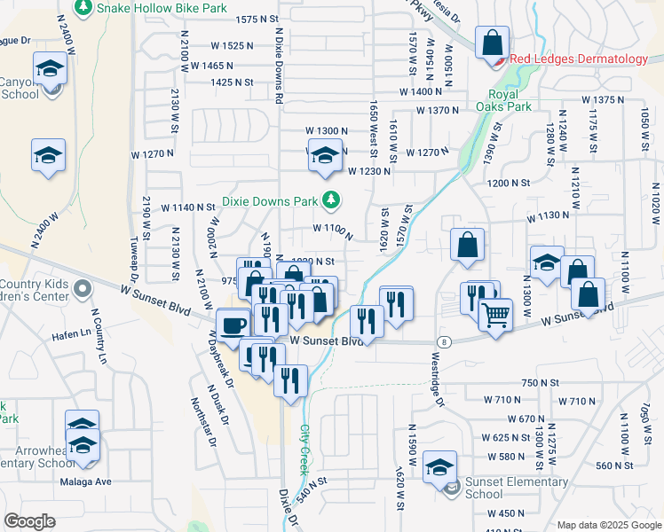 map of restaurants, bars, coffee shops, grocery stores, and more near 1816 West 950 North in St. George