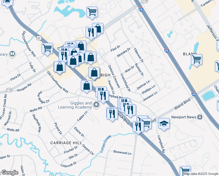 map of restaurants, bars, coffee shops, grocery stores, and more near 14211 Penrith Lane in Newport News
