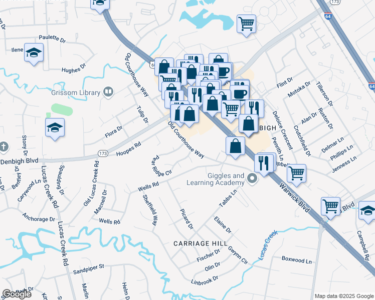 map of restaurants, bars, coffee shops, grocery stores, and more near 4311 Merlyn Walk Place in Newport News