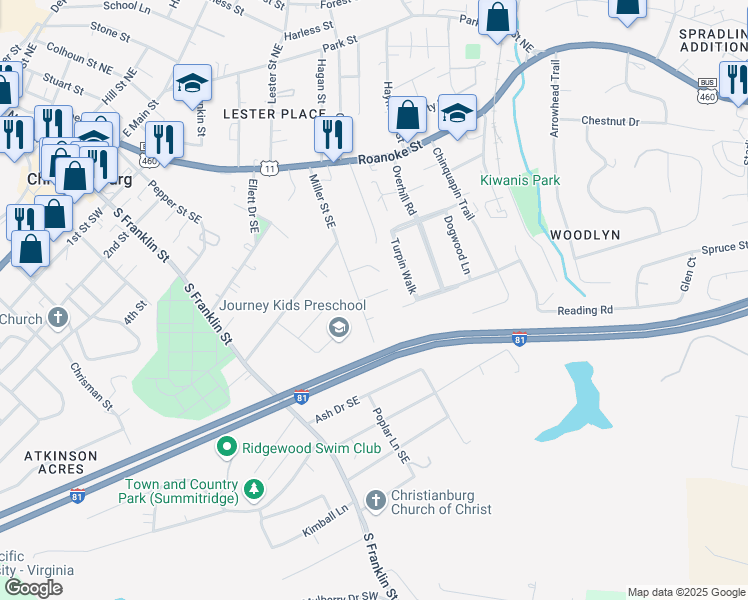 map of restaurants, bars, coffee shops, grocery stores, and more near 409A Miller Street Southeast in Christiansburg