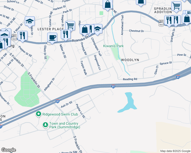 map of restaurants, bars, coffee shops, grocery stores, and more near 605 Southview Terrace in Christiansburg