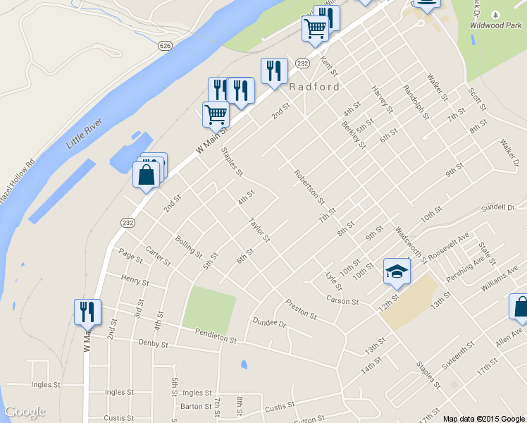 map of restaurants, bars, coffee shops, grocery stores, and more near 813 5th Street in Radford