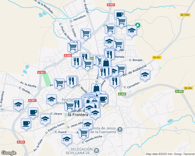 map of restaurants, bars, coffee shops, grocery stores, and more near 18 Calle Alegría in Morón de la Frontera