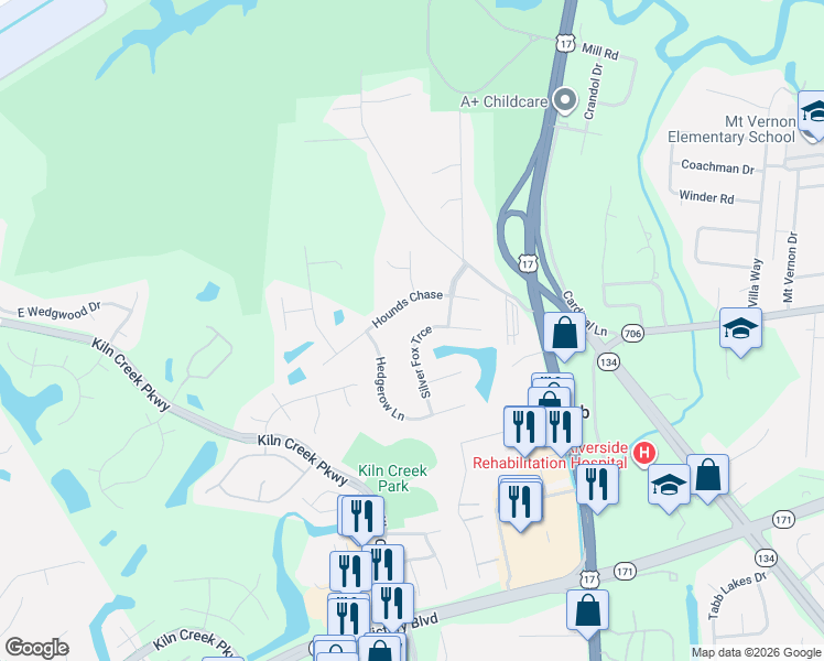 map of restaurants, bars, coffee shops, grocery stores, and more near 214 Silver Fox Trce in Yorktown