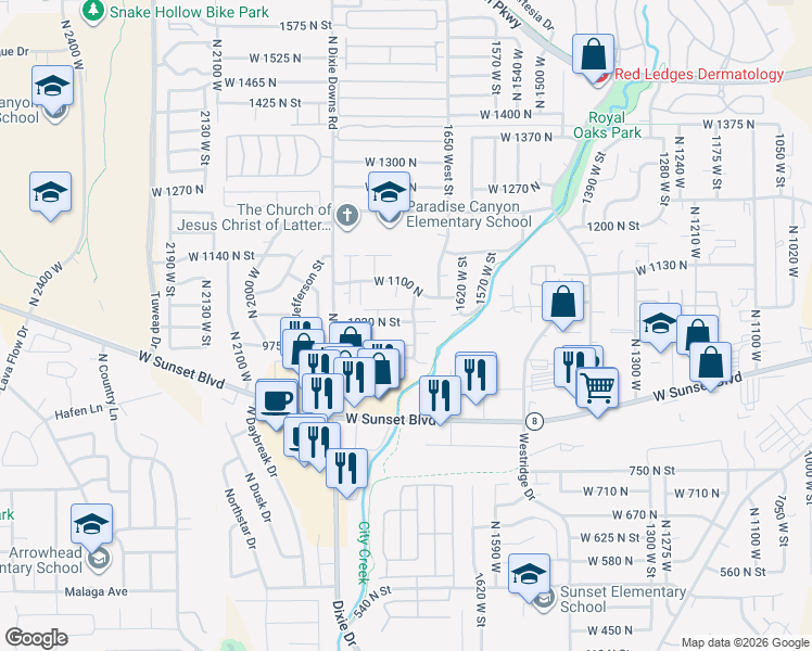 map of restaurants, bars, coffee shops, grocery stores, and more near 1077 North 1725 West in St. George