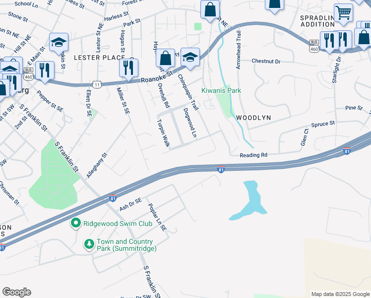 map of restaurants, bars, coffee shops, grocery stores, and more near 605 Southview Terrace in Christiansburg