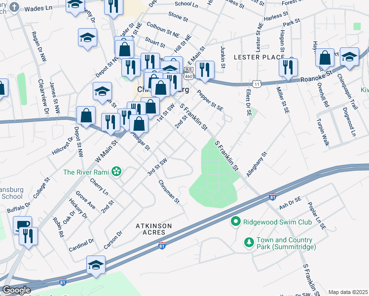 map of restaurants, bars, coffee shops, grocery stores, and more near 205 Hickok Street Southwest in Christiansburg