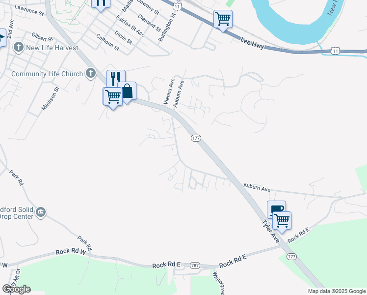 map of restaurants, bars, coffee shops, grocery stores, and more near 725 Auburn Avenue in Radford