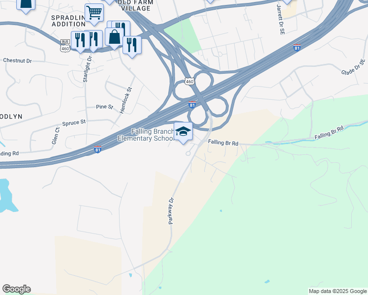 map of restaurants, bars, coffee shops, grocery stores, and more near 735 Falling Branch Road in Christiansburg