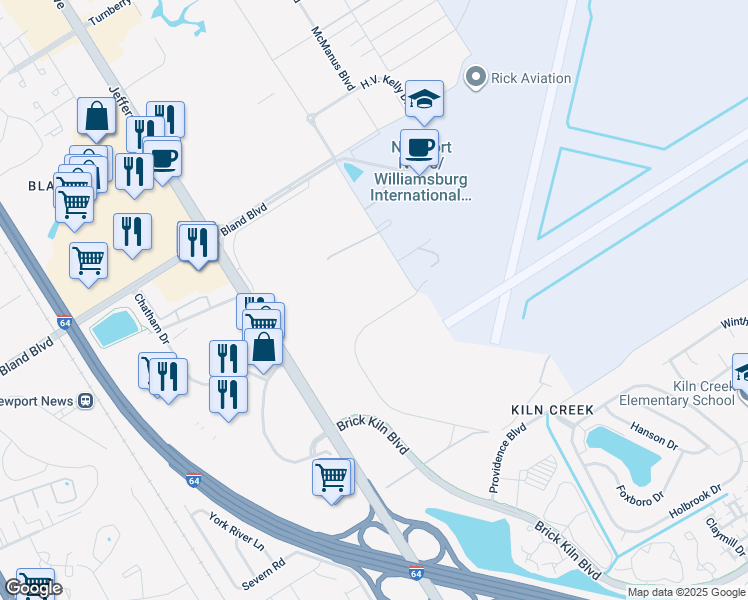 map of restaurants, bars, coffee shops, grocery stores, and more near 2389 G Avenue in Newport News